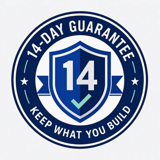 Official 14-day keep-what-you-build guarantee badge.
