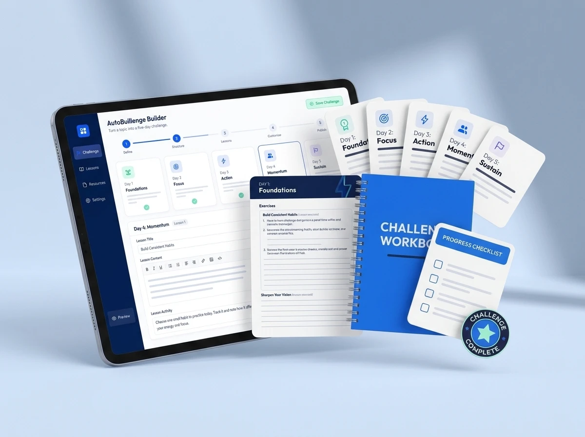 The light Challenge Builder interface shown beside a large open challenge workbook, five day cards, progress checklist, and completion badge.