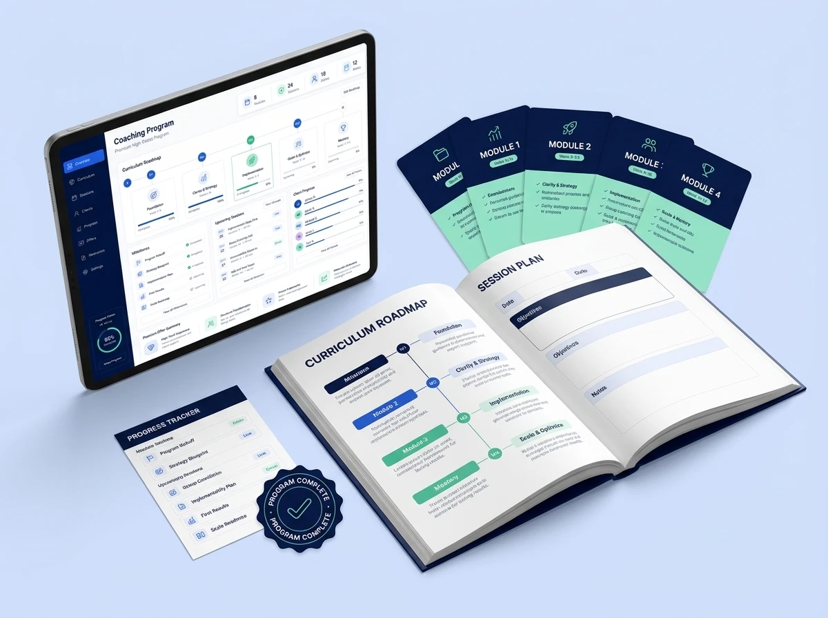 The light Coaching Program Builder interface shown beside a large open coaching workbook, curriculum roadmap, session plan, module cards, progress tracker, and completion seal.