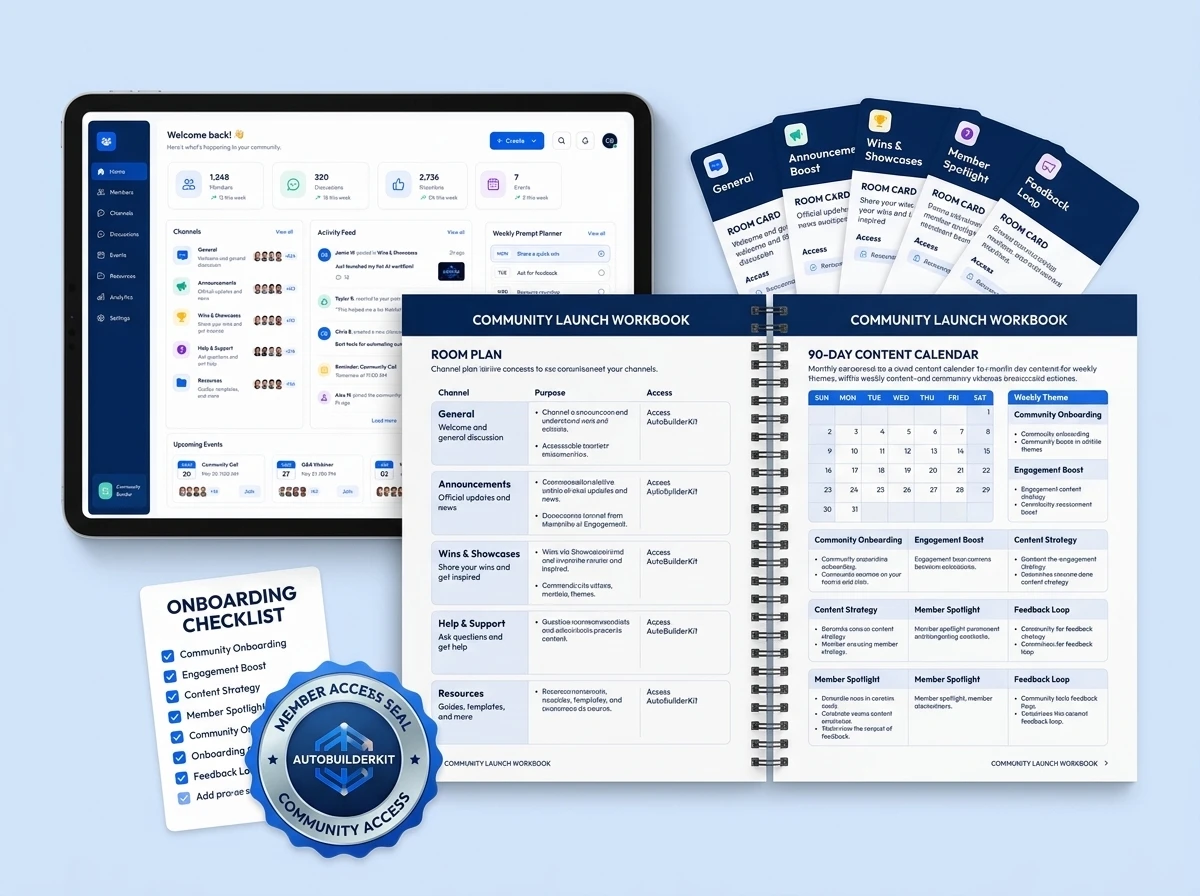 The light Community Builder interface shown beside a large open community workbook, room cards, content calendar, onboarding checklist, and member access seal.
