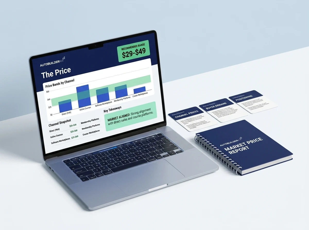 A market-based pricing dashboard with its recommended range, channel comparisons, buyer-demand research cards, and market price report.
