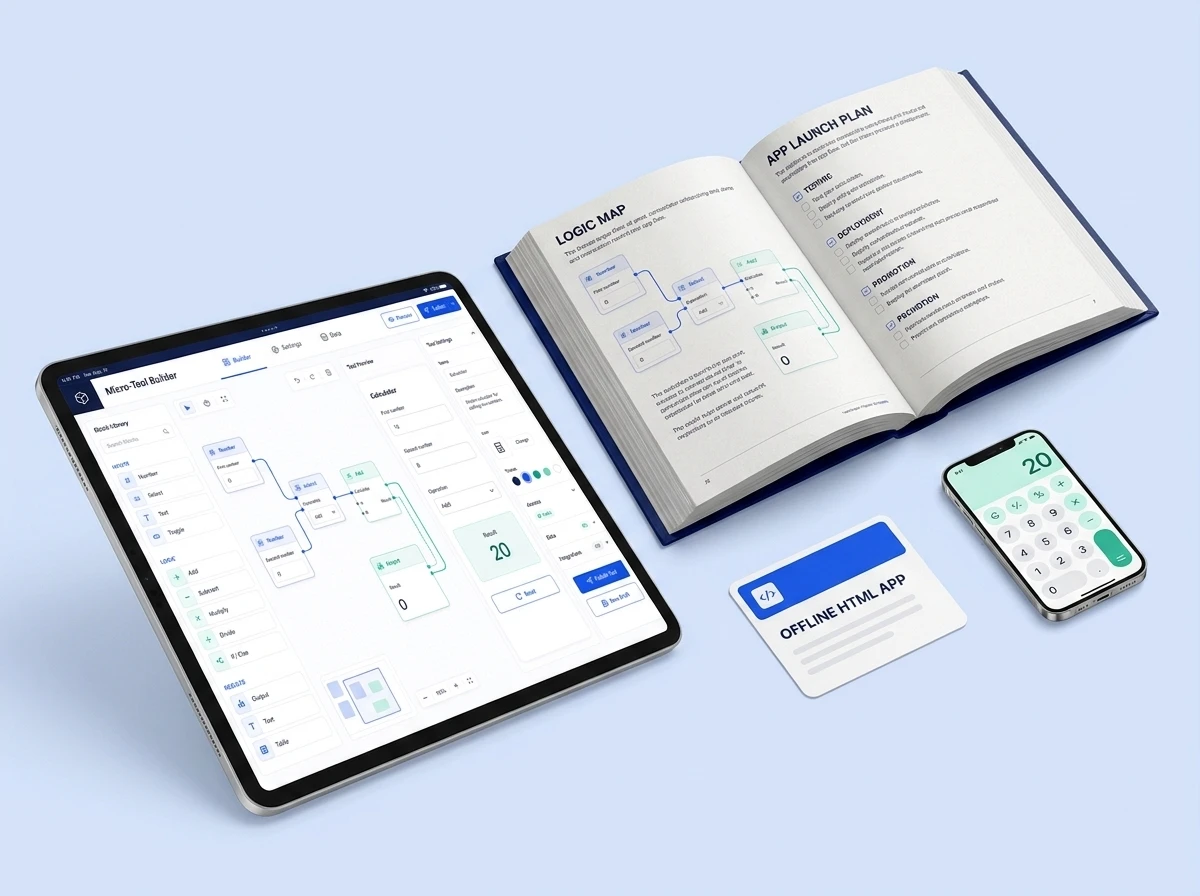The light Micro-App Builder interface shown beside a large open logic and launch workbook, working calculator, and downloadable offline HTML app.