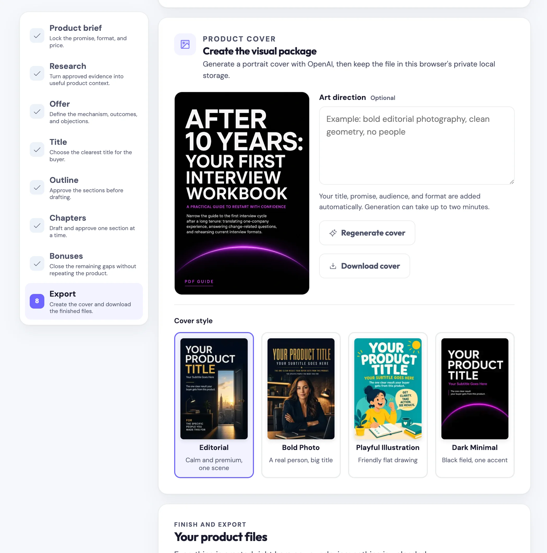 Product Builder cover and export screen